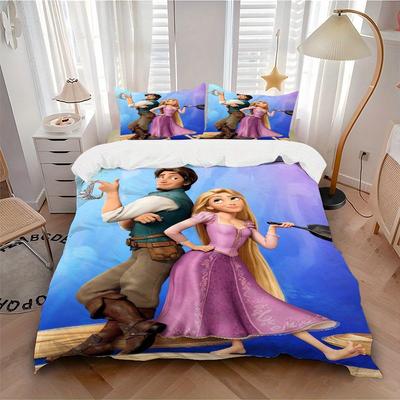 Ensemble de couette imprimé 3 pièces Raiponce & Flynn Rider - Comprend 1 housse de couette et 2 taies d'oreiller, Lavable en machine - Convient à toutes les saisons.S09