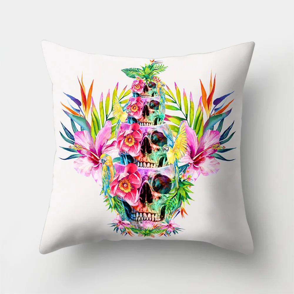 Halloween Floral Skull Print Cushion Cover Polyester Decorative Pillow Cover For Home Sofa Bed Nordic Style Pillow Case 45X45Cm