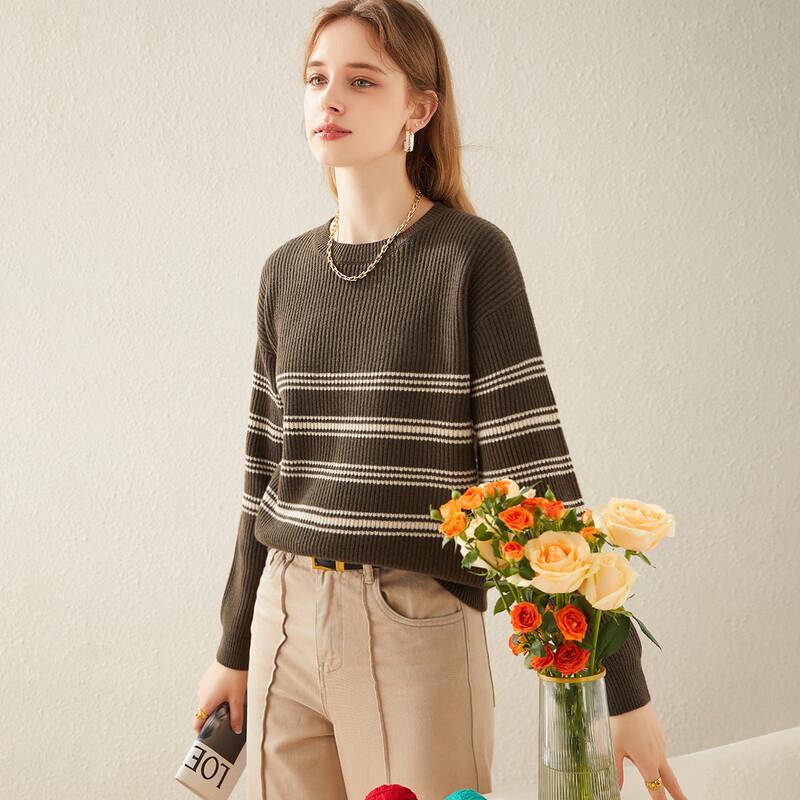 TUHUANG Women's Thickened 100% Wool Color Block Round Neck Sweater