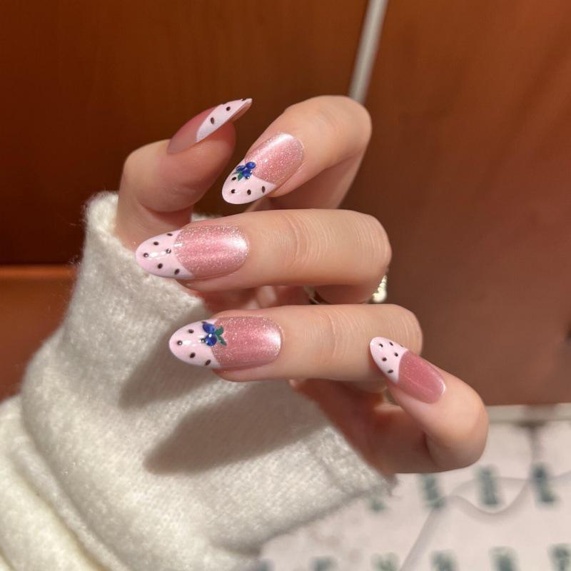 Fresh Sweet Peach Cat Eye French Press-On Nails: 2026 New Girly Style with Polka Dot Blueberry for Skin-Brightening