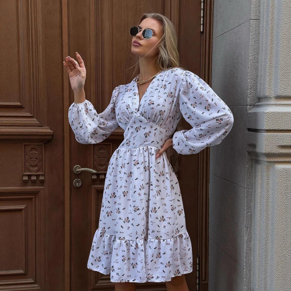 women's ditsy floral wrap v neck bubble long sleeve ruched waist ruffle hem midi a line dress fall casual sundress