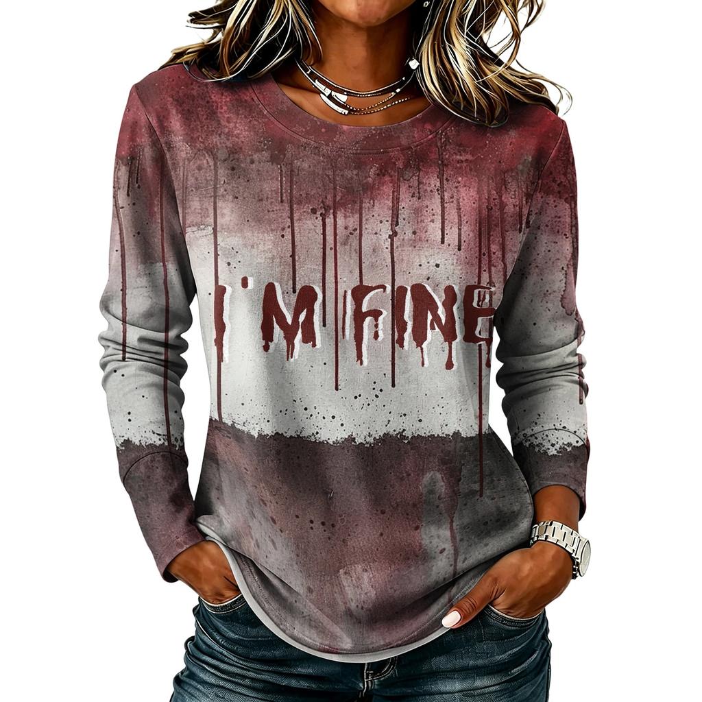 Women's Halloween Print Long Sleeve Top Casual Round Neck T-Shirt for Fall Party Wear