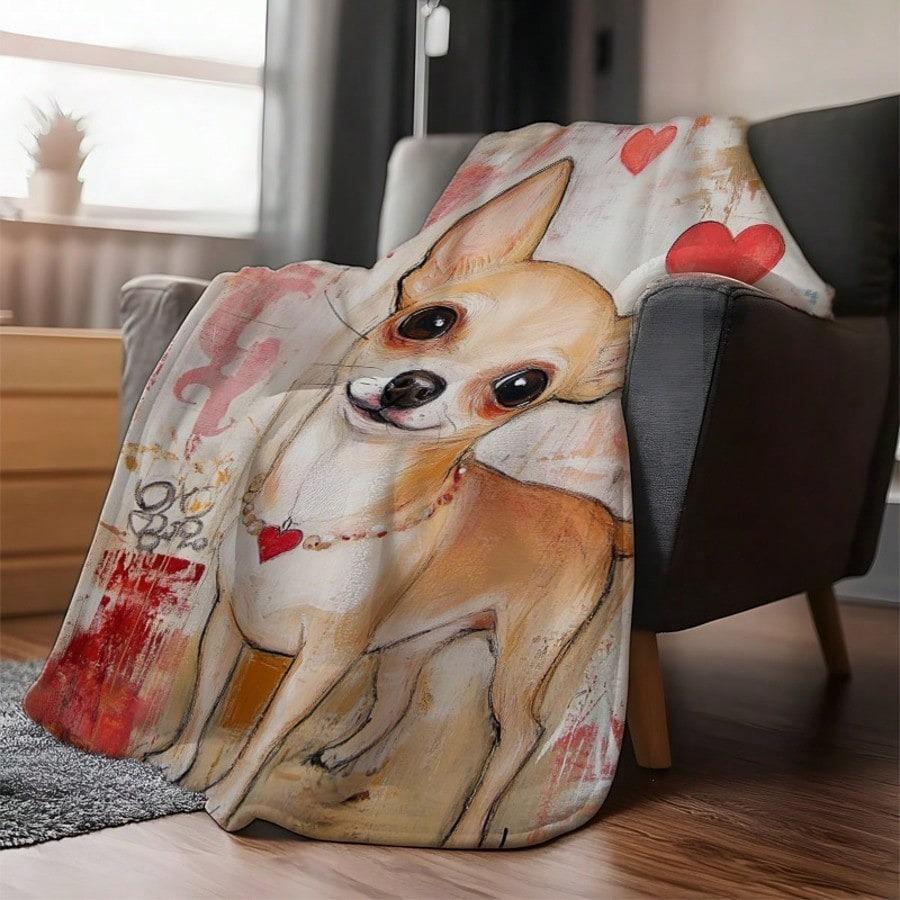 Chihuahua Love Heart Art Flannel Throw Blanket, Vintage Painting Dog Print Soft Lightweight Blanket for Sofa Bed, Nap Blanket, Dog Lover Gift