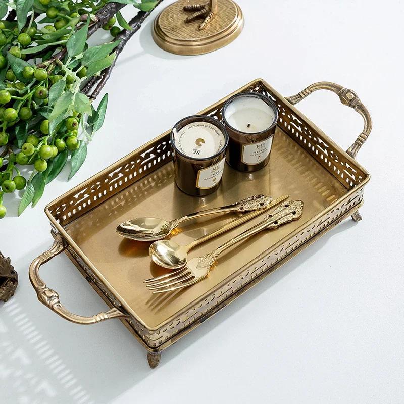 Large Fruit Dish Antique Tea Tray Brass Jewelry Display Plate with Handle Cosmetic Holder