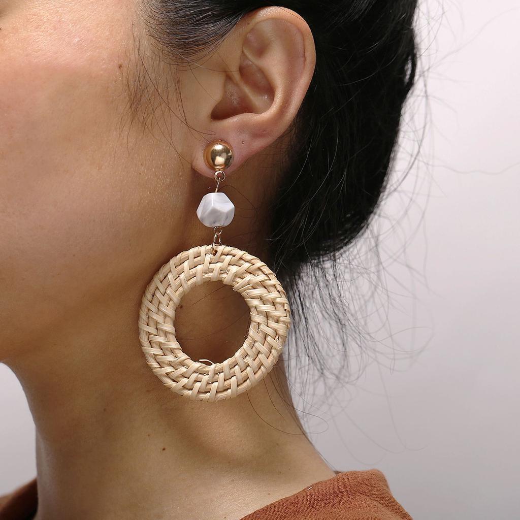 Women Men Retro Style Round Weave Wooden Earrings Beige Eardrop