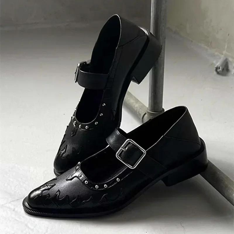Mode Hochwertige Leder Damenschuhe Sexy Spitzschuh Metallschnalle Mary Jane Schuhe für Frauen Punk Schwarz Elegante Frau Stöckelschuhe