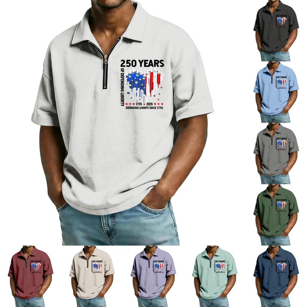 Men’s Short Sleeve Zipper Polo Shirt 250 Years Printed Lapel Collar Top Casual Lightweight Comfortable Fit Tee