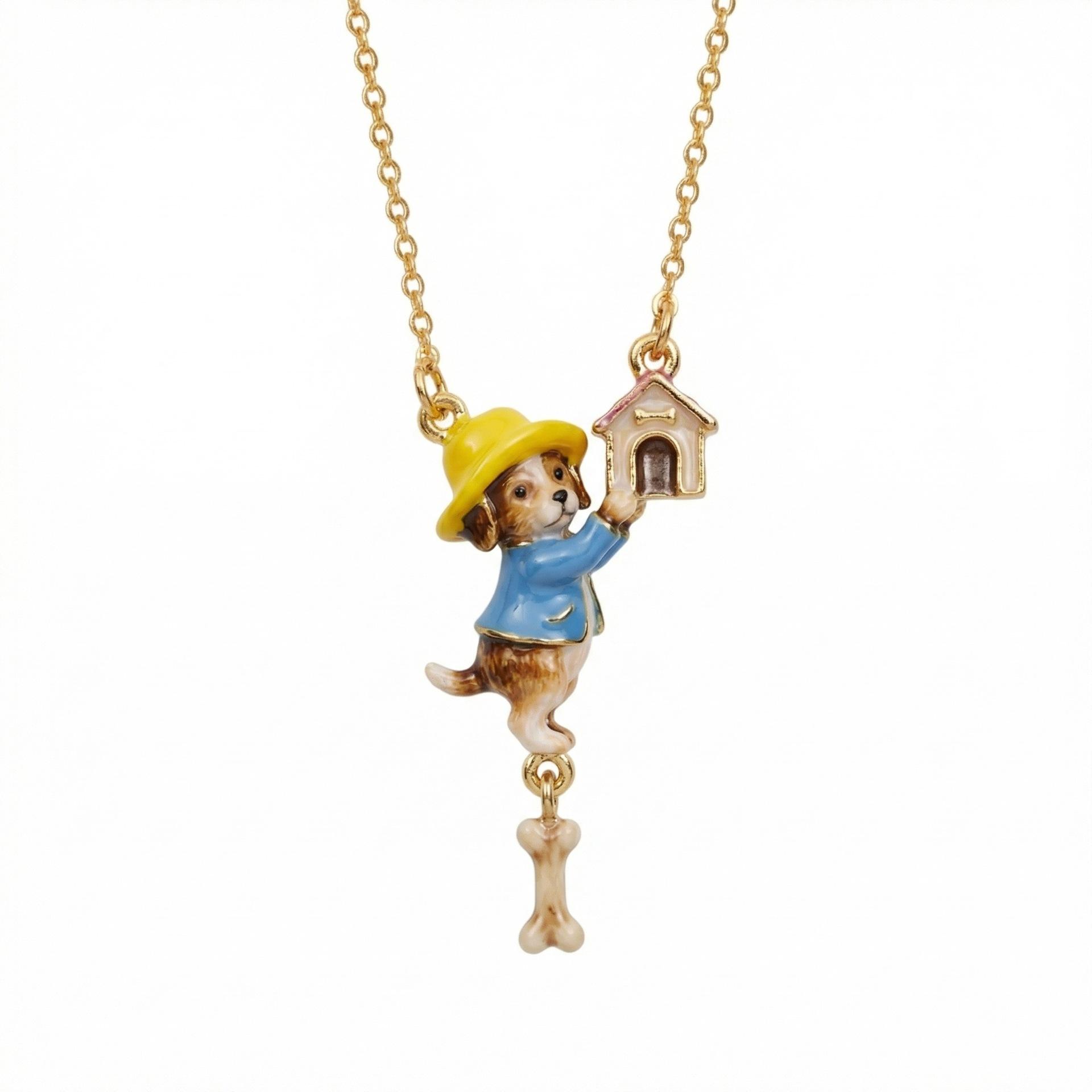 

Fairy Tale Wind Cute Pet Necklace Personalized Puppy Bone House Cat Flying Bird Pendant Necklace Copper