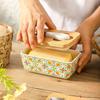 American Pastoral Style Ceramic Butter Container Box Restaurant Sealed Cheese Storage Box with Knife Bamboo Lid Butter Dish