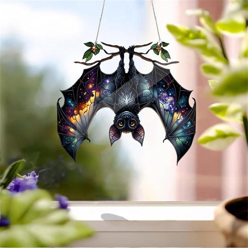 Good-Halloween Bat Stained Glass Suncatcher Window Hanging Acrylic Wall Art Suncatcher Decoration Ghosts Festival Colorful