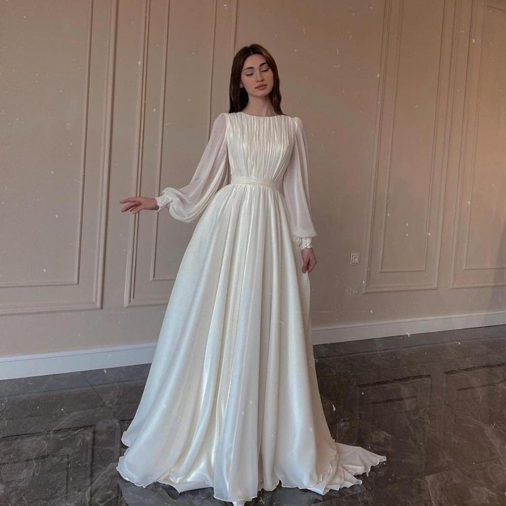 LYRIA Nieuwe Mode Lantaarnmouw O-Hals Effen Kleur Slim Fit Vloerlengte Galajurk Voor Vrouwen