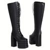 Sexy Punk Knee High Boots Platform Gothic Black High Heels Winter Boot Leather Lace Up Stripper Fetish Shoes Ladies Big Size 45