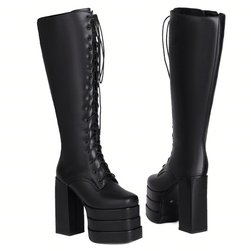 Sexy Punk Knee High Boots Platform Gothic Black High Heels Winter Boot Leather Lace Up Stripper Fetish Shoes Ladies Big Size 45