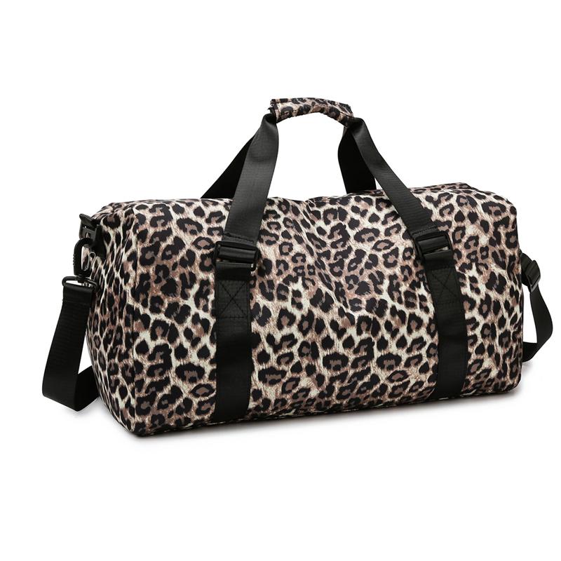 Large Capacity Leopard Print Travel Duffel Bag with Multiple Compartments, Shoe Compartment, Durable Nylon Casual Sports Gym Bag for Women