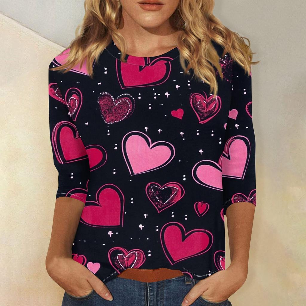 Damenmode Lässiges T-Shirt mit Rundhalsausschnitt und Dreiviertelärmeln zum Valentinstag mit Liebesherz-Aufdruck