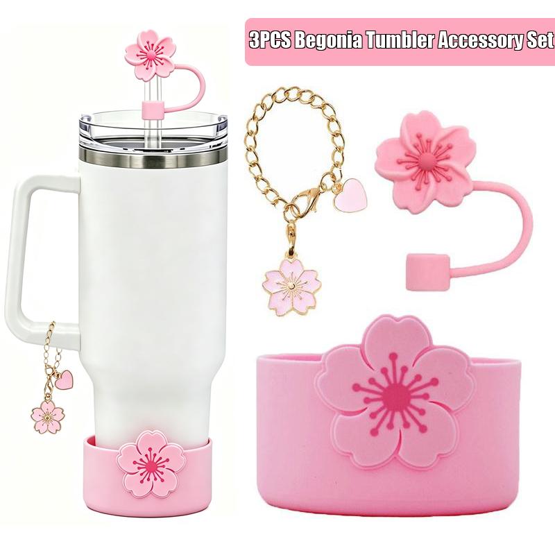 Tumbler Straw Cover & Water Bottle Silicone Boot & Tumbler Charm Set, Begonia Shape Straws Lid Cap And Tumbler Charm Pendant