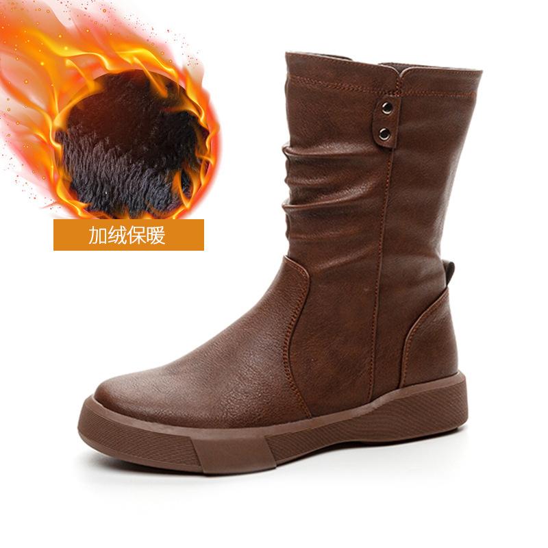 Autumn and winter large size British style retro medium boots autumn and winter new flat bottom velvet fashion Martin boots women