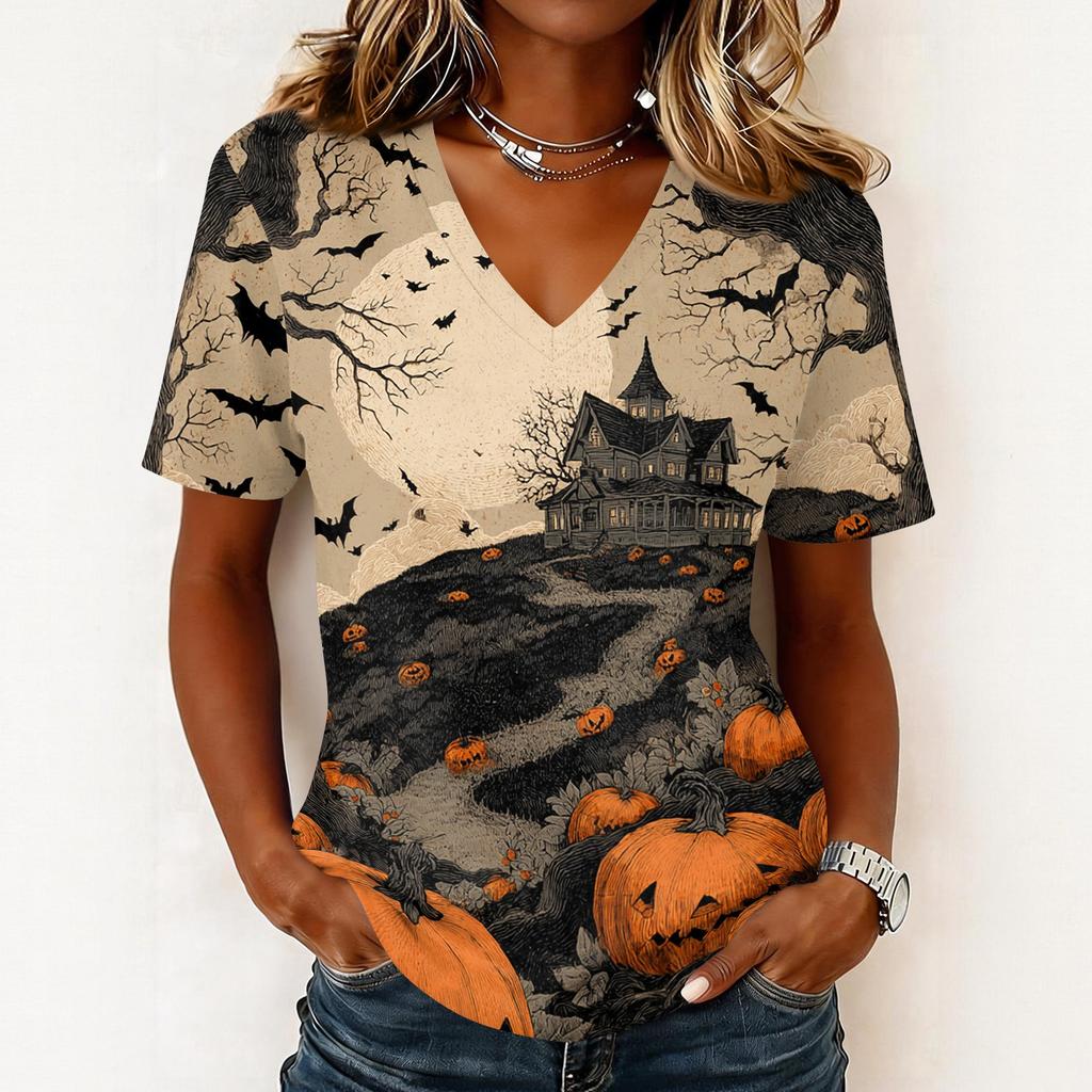Women's Casual Short Sleeve V Neck Pullover Top Halloween Themed Graphic Print Lightweight Comfortable Fit