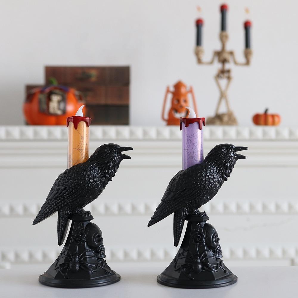 Gothic Raven LED Candles Realistic Table Lamp Black Crow Statue Glowing Candlestick Halloween
