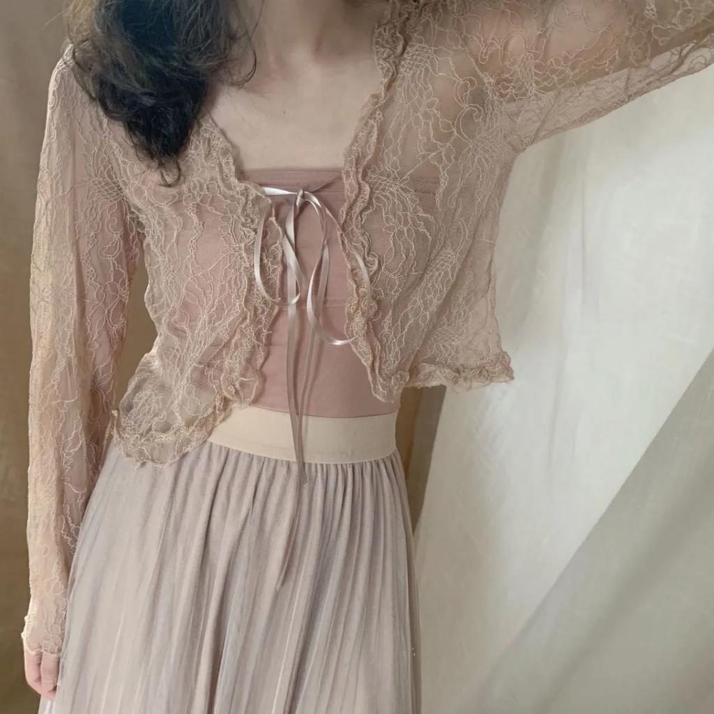 WTEMPO Retro Spring Summer Casual Versatile Thin Breathable Cardigans Women's Elegant Casual Solid Color Lace Sunscreen Shawls Coats