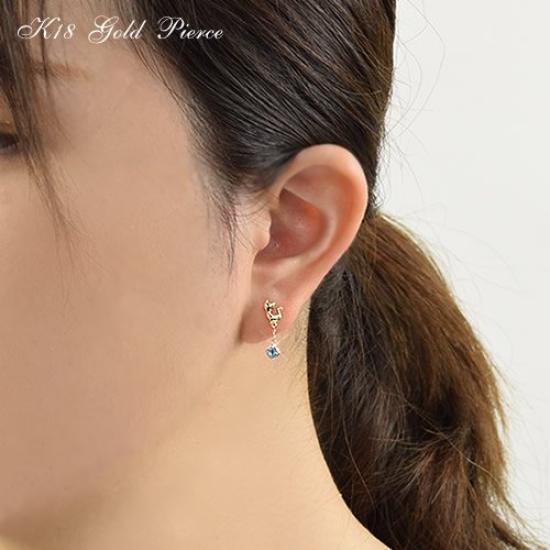 Leaf 18K Cat Earrings Blue Topaz K18 Gold Stud Earrings Cat Dangle Earrings 18k November Birthstone Ladies Ma666 [Four Clover] Women