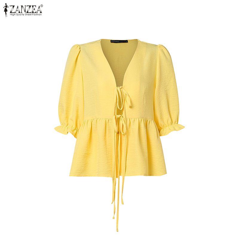 ZANZEA Women Elegant Two Piece Skirt Sets Puff Sleeve Tie Front V Neck Peplum Tops and Long Skirt Beachwear Suits