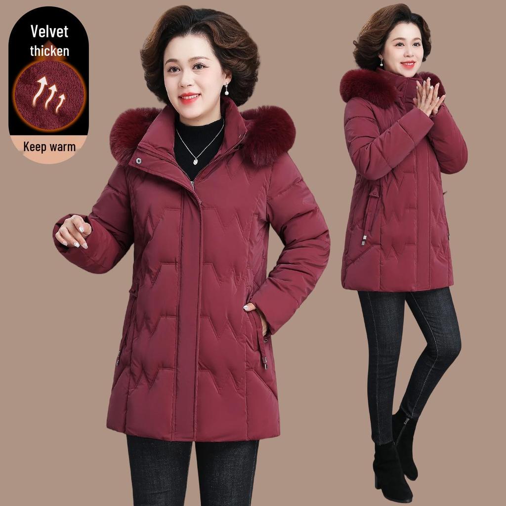 2025 Women's Stylish Hooded Mid-Length Winter Coat: Warm, Cotton-Padded Jacket for Middle-Aged and Elderly
