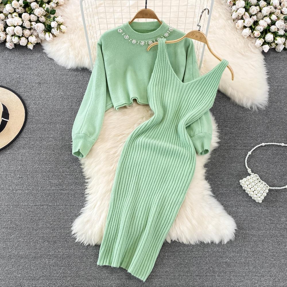 Celebrity Temperament Round Neck Beaded High Waist Short Belly Button Sweater Two-piece Set Spice Girl Knitted Vest Dress