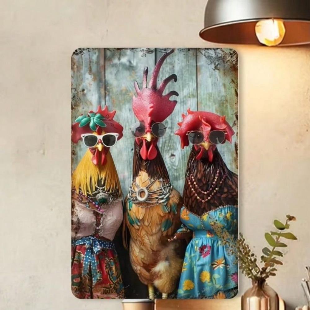 Vintage Metal Chicken Poster, Iron Foil Wall Art for Kitchen Decor