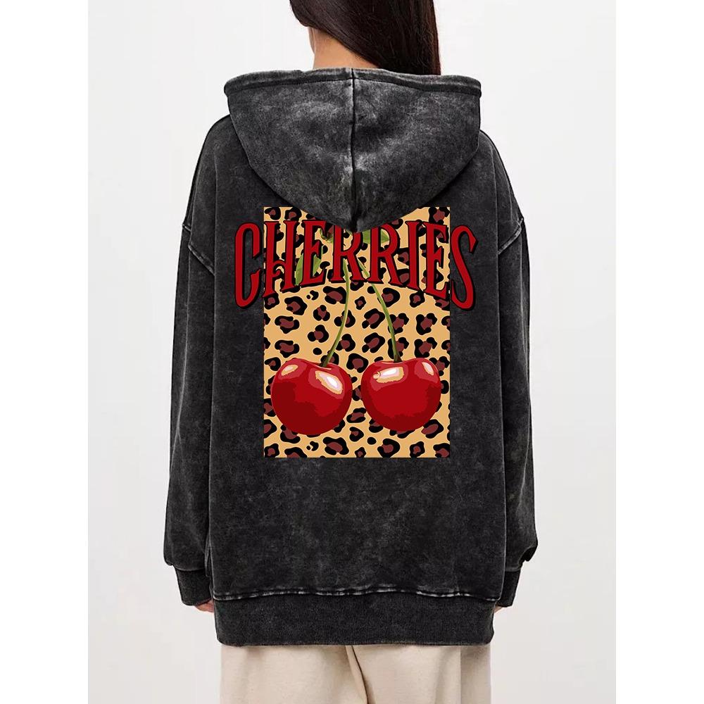 Vintage Womans Acid Wash Hoodies Fashion Leopard And Cherry Prints Pullovers Pocket Oversize Cotton Hooded Tops
