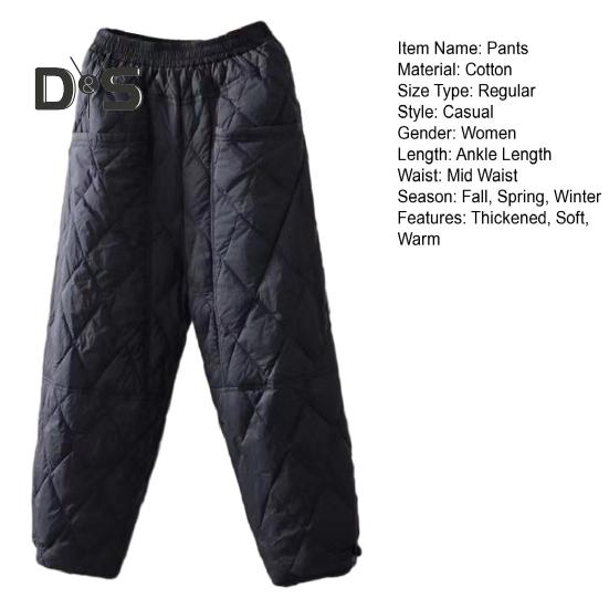 Damskie spodnie zimowe W pasie Wyściełane grube, jednokolorowe Luźne, miękkie, ciepłe kieszenie Rombowa tekstura Retro Casual Do kostek Damskie spodnie jesienne