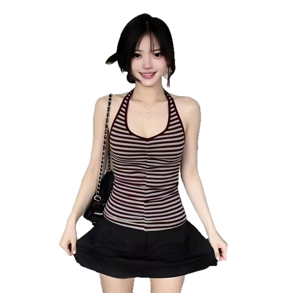 Korean Spice Girl Style Striped Neck Sling Vest Women's Summer New Slim and Skinny Unique Chic Halter Top