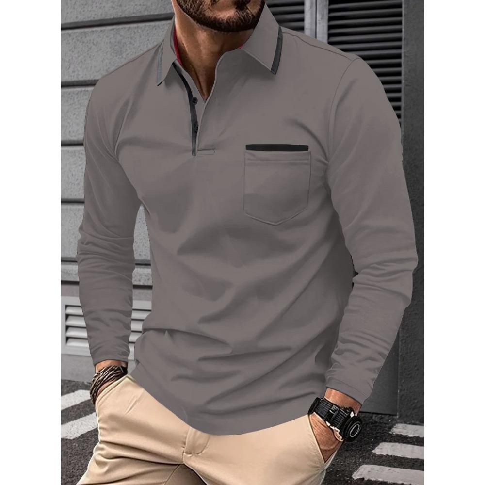 Men's new cross-border fashion lapel collage button men's casual sports long sleeved polo shirt