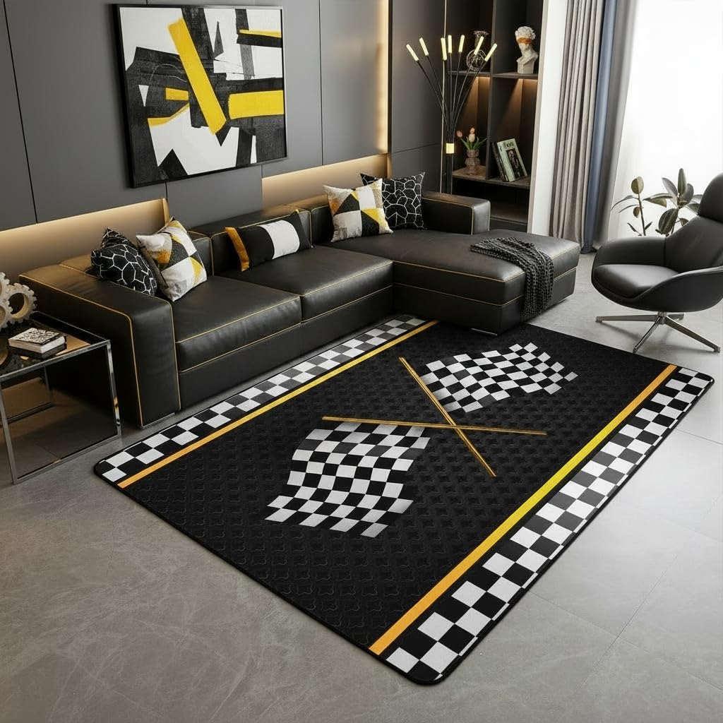 Racing Sports Car Rug, Checkered Flag Yellow Splash Print, Non-Slip Washable Soft Mat for Living Room Sofa Dining Room Indoor