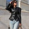 Winter Slim Fit Leather Jacket Women Round Neck Single Breasted Ruffle Hem Short Coat Sexy Style