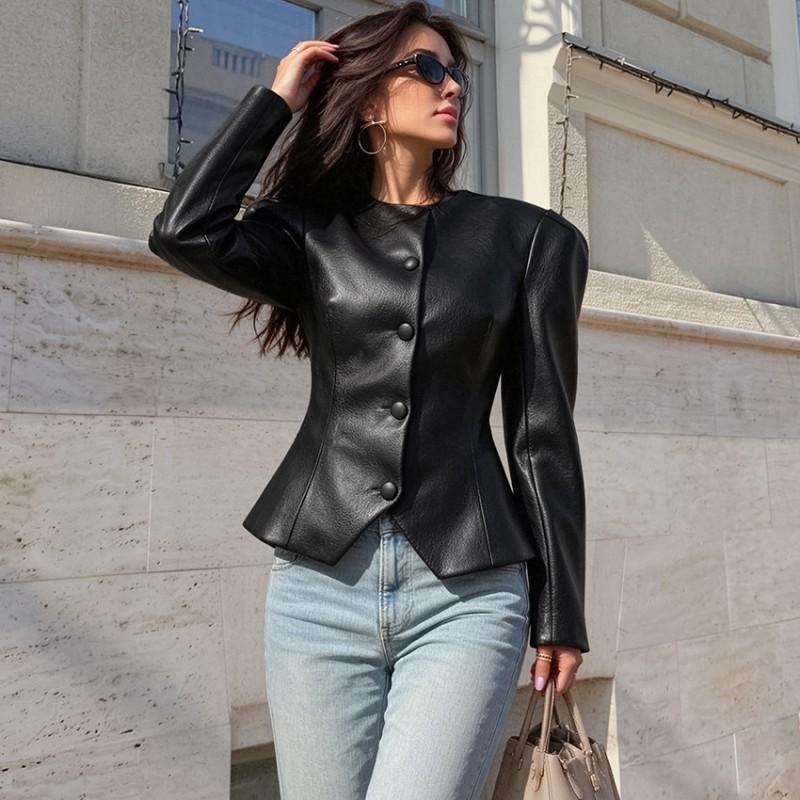 Winter Slim Fit Leather Jacket Women Round Neck Single Breasted Ruffle Hem Short Coat Sexy Style