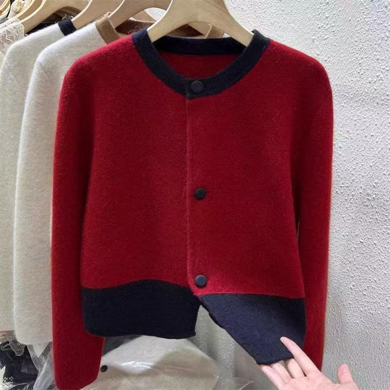 Design Spring and Autumn Sense Niche Contrasting Colors Warm Sweater Cardigan Autumn and Winter Clothing New Crew Neck Lazy Knitted Jacket Top