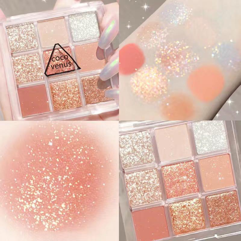 

Палитра теней для век из 9 цветов, блестки, сверкающие блестки, хайлайтер, тени для век, розовые тона, тени для век, бьюти-макияж 2