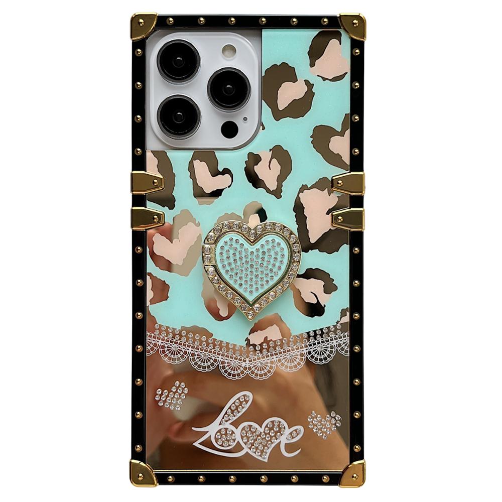 

For iPhone 16 Pro Max Case Heart Pattern Electroplating TPU+PC Phone Cover with Kickstand Lake Blue