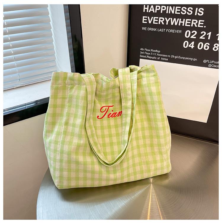 

Милая клетчатая сумка через плечо для весны и лета, новая тканевая сумка с надписью, большая вместительная сумка-тоут для студентов зелёный