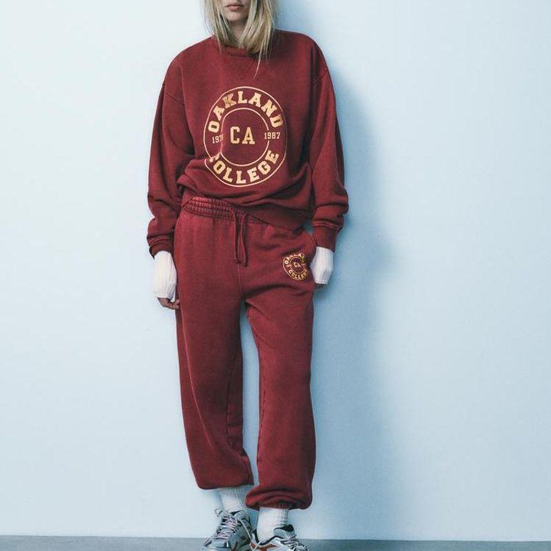 Fall and Winter Washing Effect Preppy Style Alphabet Plus Velvet Sweatshirt 3253837 Drawstring Jogger Pants 3253838