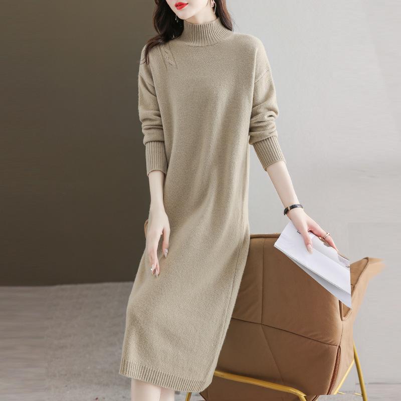 

Half Turtleneck Knitted Dress for Women In Autumn and Winter Solid Color Long Straight Sweater Dress Casual Loose Sweater XL хаки