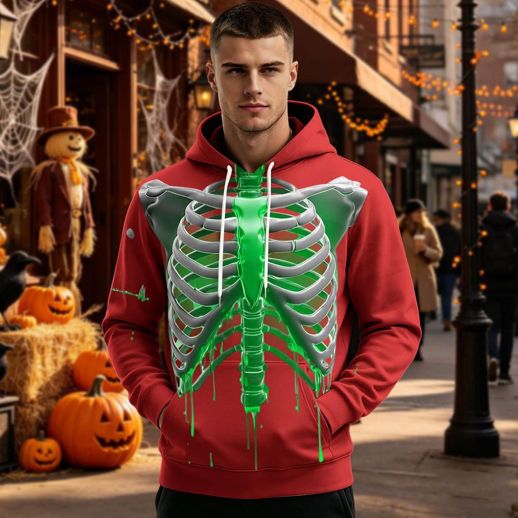 Men's Halloween Funny Skeleton Print Long Sleeve -Lined Pullover Hoodie with Pocket