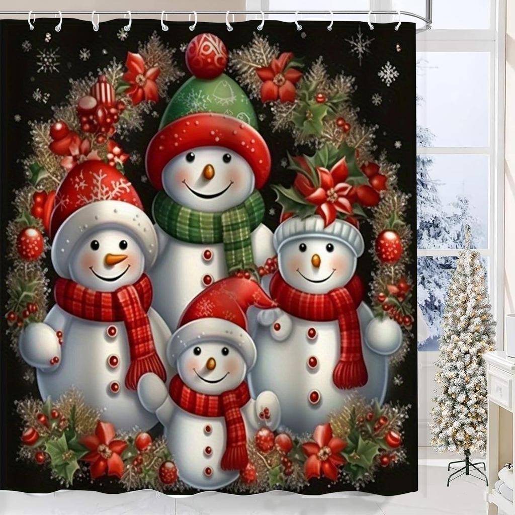 Christmas Tree Snowman Print Bathing Curtain Bathroom Shower Curtain With 12 Hooks bathroom home decor and accessories