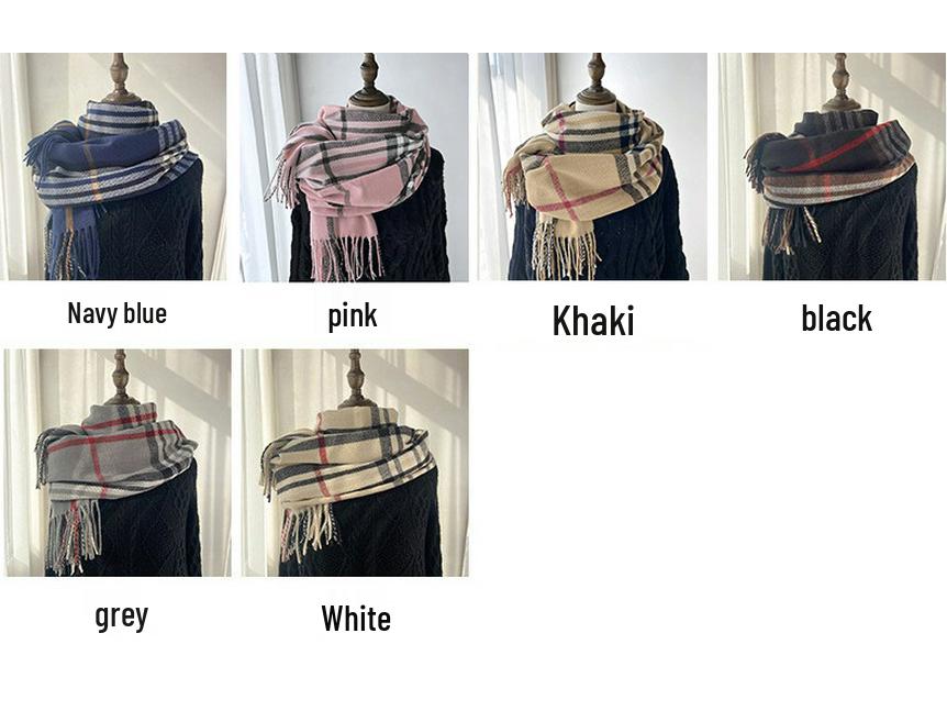 Women's Autumn/Winter Korean-Style Versatile Mid-Length Plaid Shawl & Scarf with Tassels – Imitation Cashmere Warm Neck Warmer