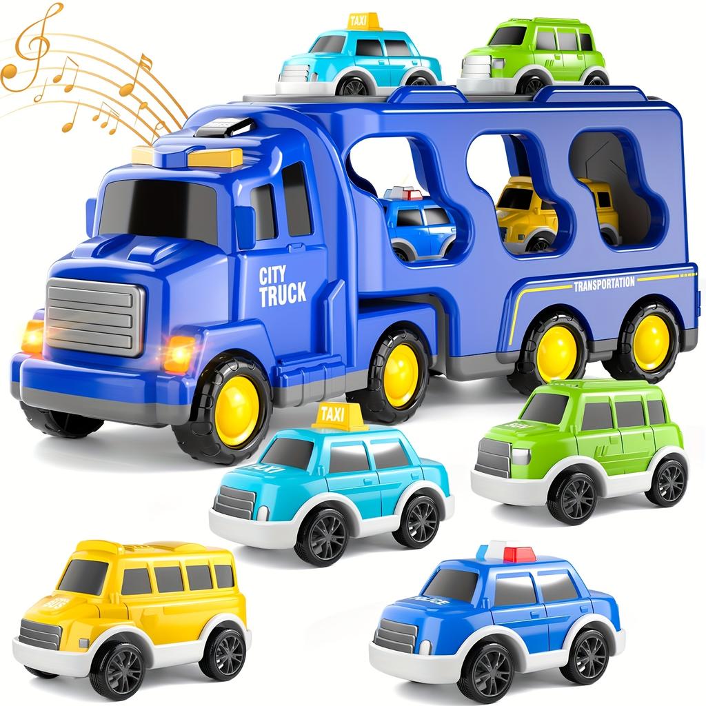 5-in-1 Fire Trucks Toddler Fire Engine Toys For Boys Girls Carrier Truck Transport Cars Christmas Birthday Best Present