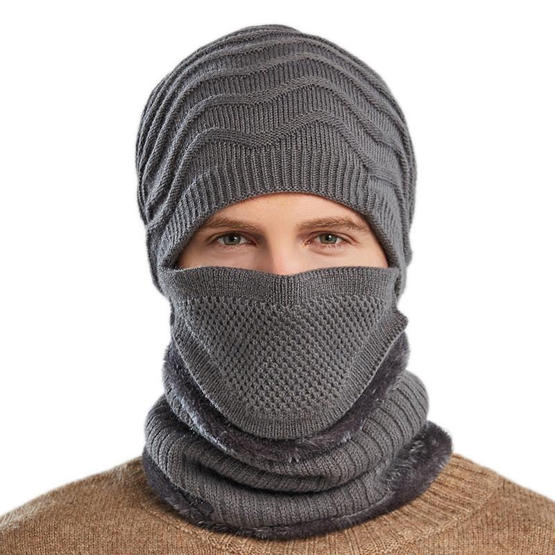 Knitted Hat Men Winter Warmth Windproof Cap Scarf Threepiece Set For Commuting