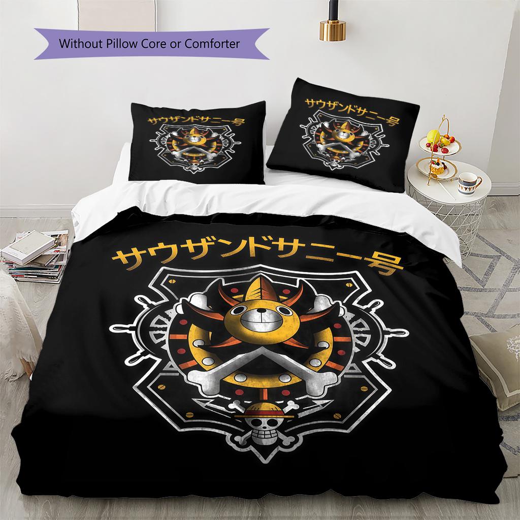 One Piece Jolly Roger Logo Pattern Bedding Quilt Set Quilt Cover Pillowcase Home Birthday Gift(1 * duvet cover + 2 * pillowcase, without core)