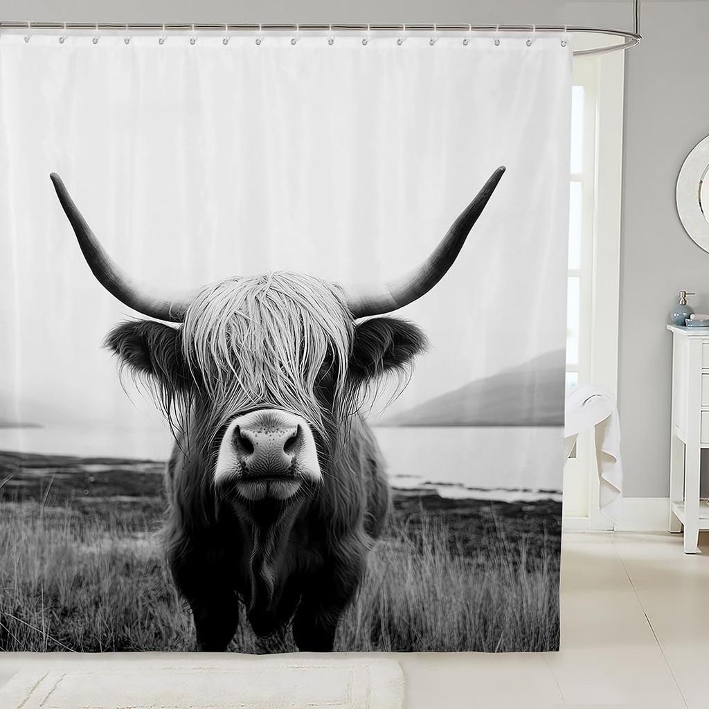 Highland Cow Shower Curtain Rustic Bull Western Farmhouse Cattle Country Restroom Accessories Funny Farm Animal Bathroom Decor