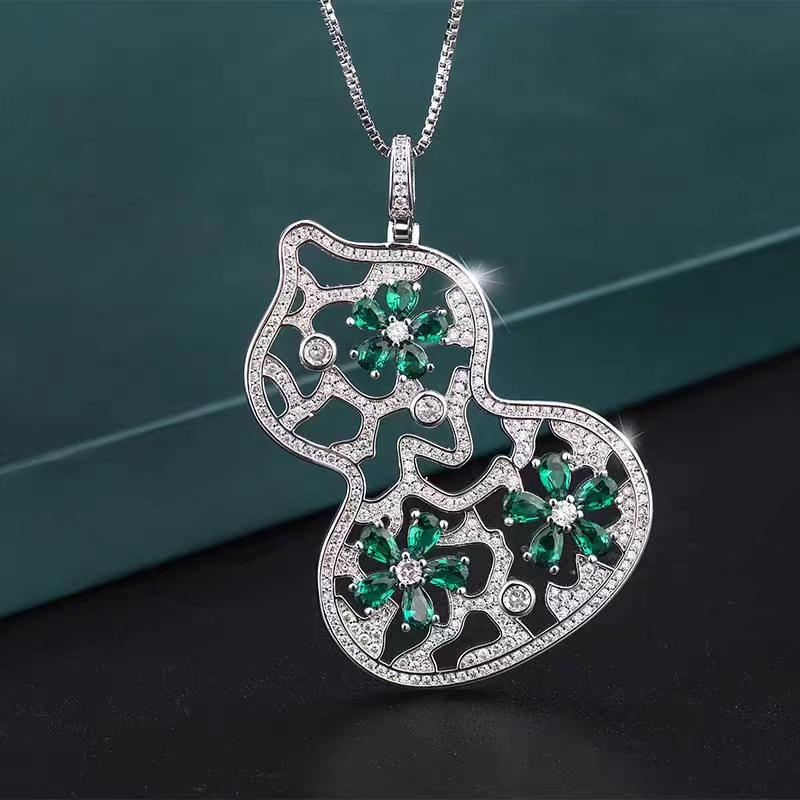 Retro Double Gemstone Gourd Pendant Necklace with Colored Stones